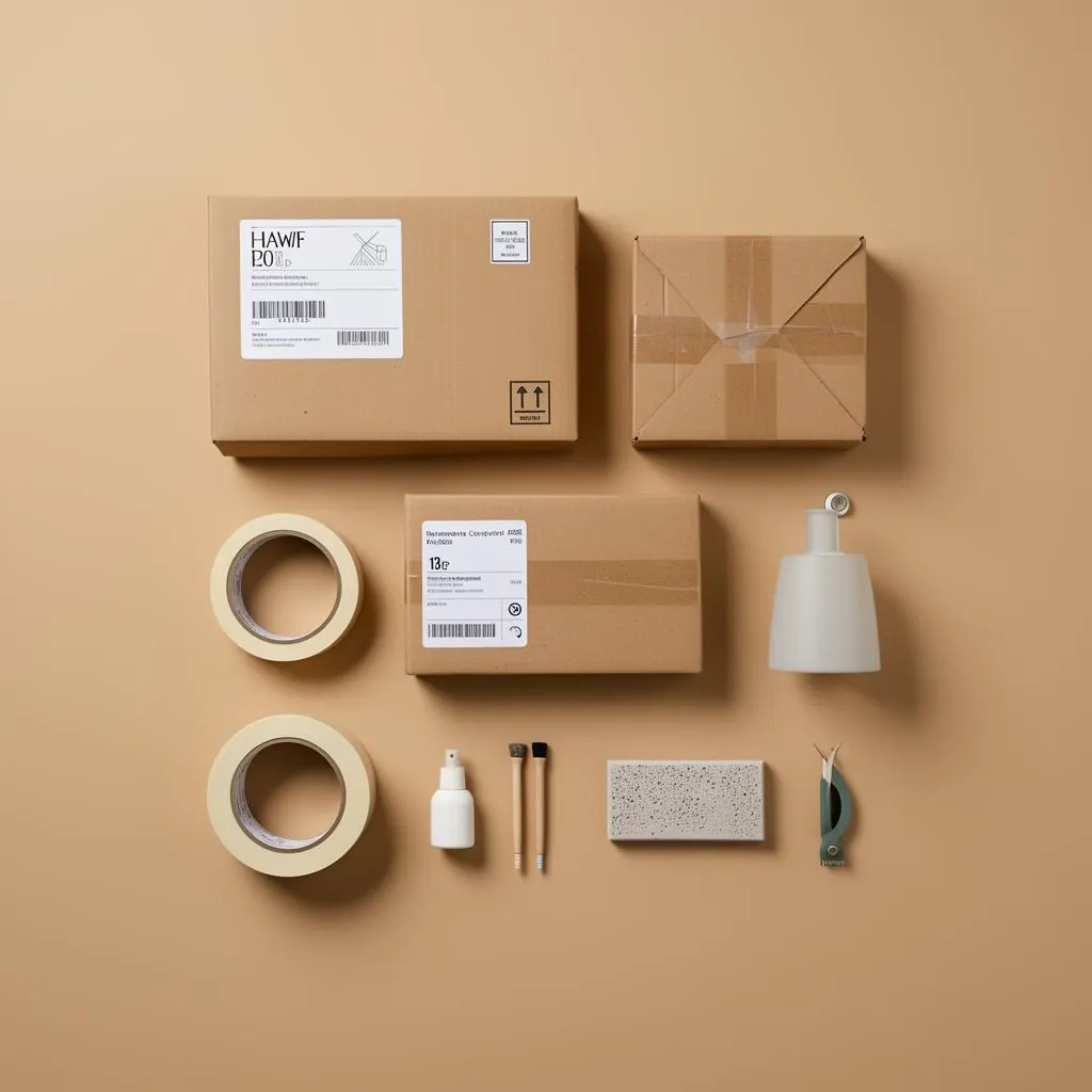 Cardboard parcels and packing supplies arranged neatly