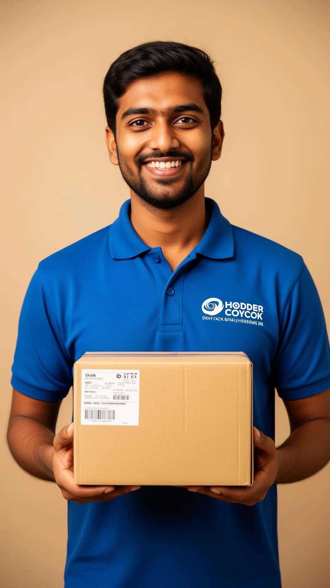 Smiling delivery partner holding a parcel